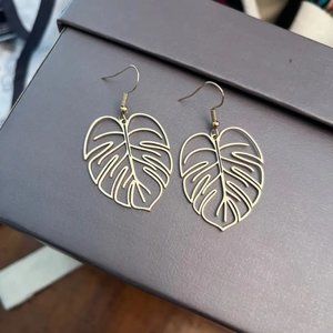 Big Leaf Hollow Boho Earrings - Gold Tone Dangle Cut Out Drop Earrings